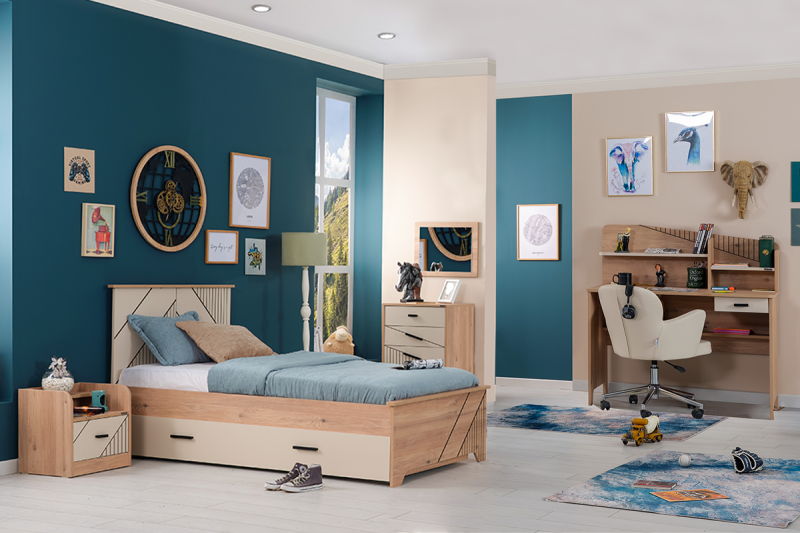 mango single bed + 1 nightstand + study desk + chiffonier + sleepezee single mattress