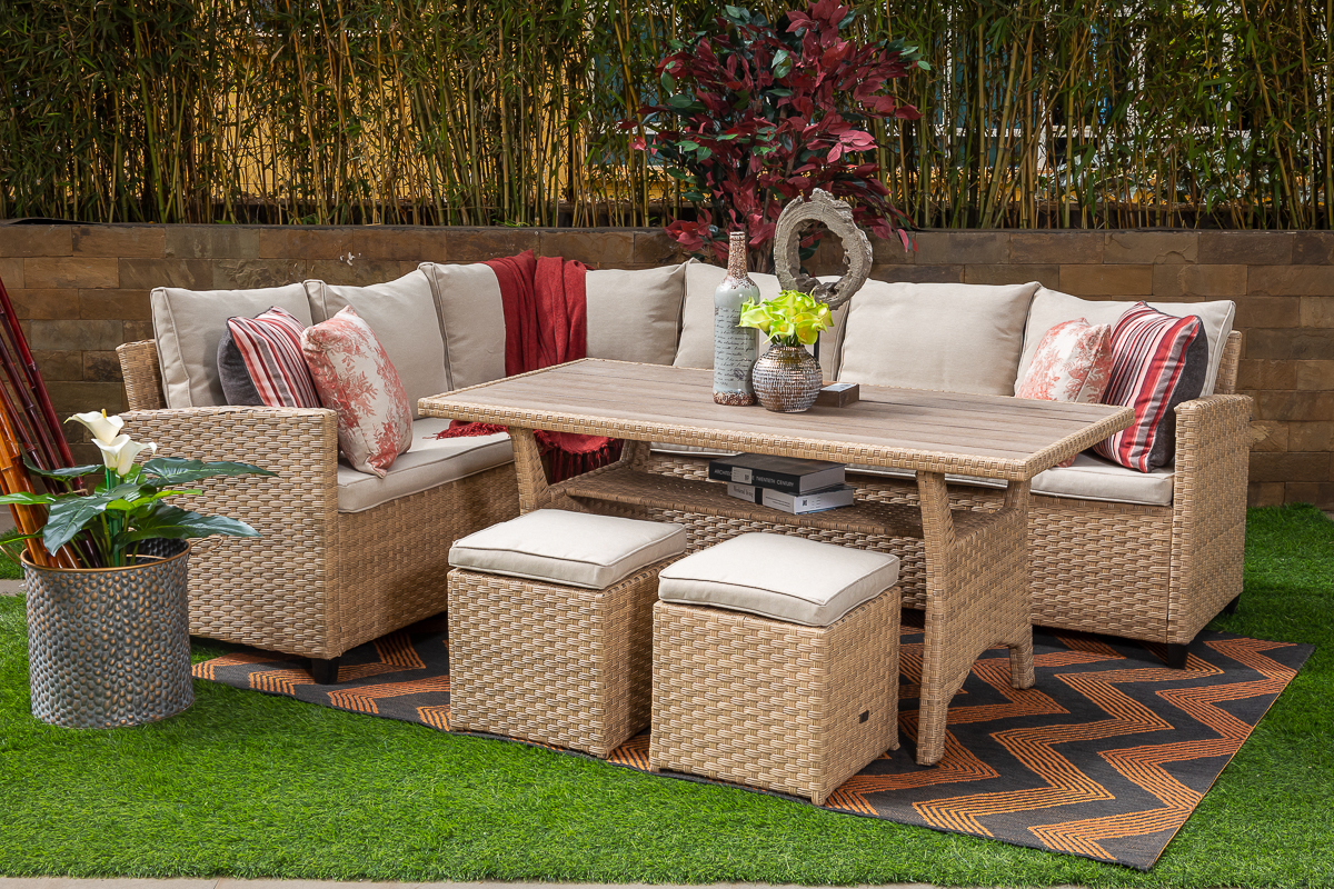 manila outdoor corner sofa + lift table + 2 ottomans