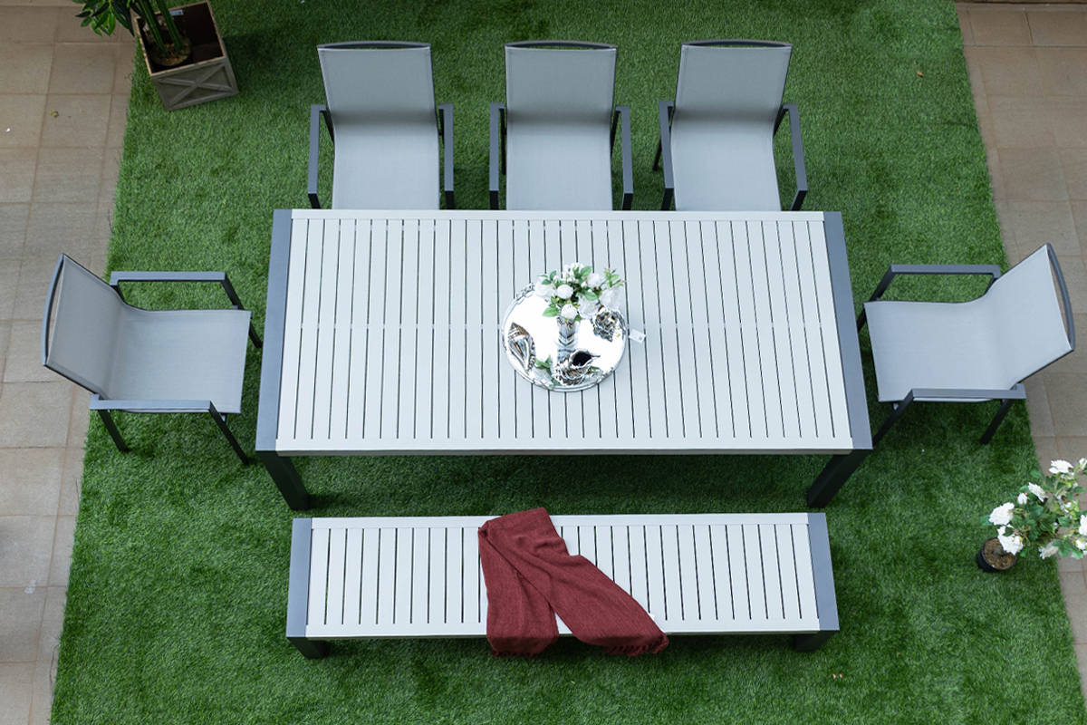 MALIBU 8 Seater Outdoor Dining Table + 5 Chairs + Bench