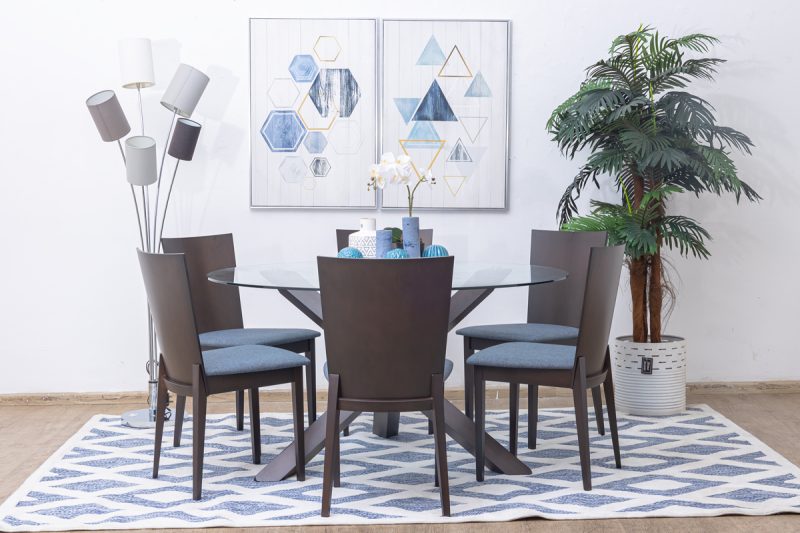 caeser glass top round dining table + 6 chairs