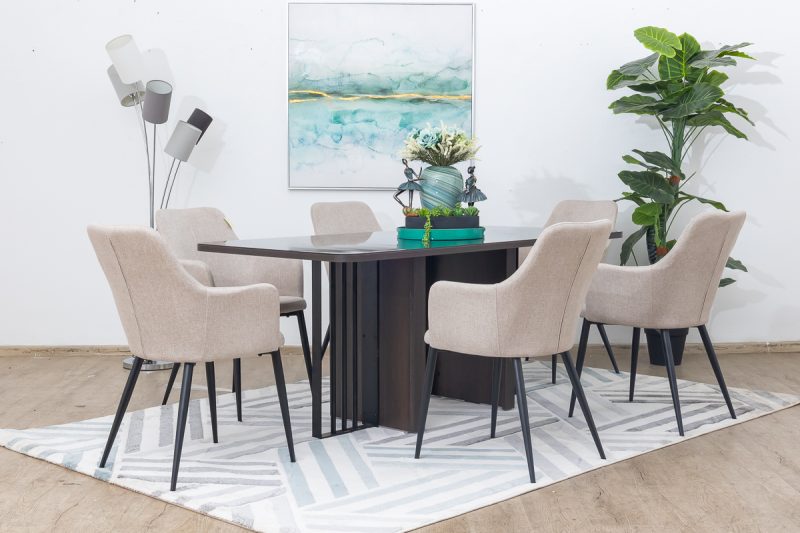 furion glass top dining table + 6 rum chairs