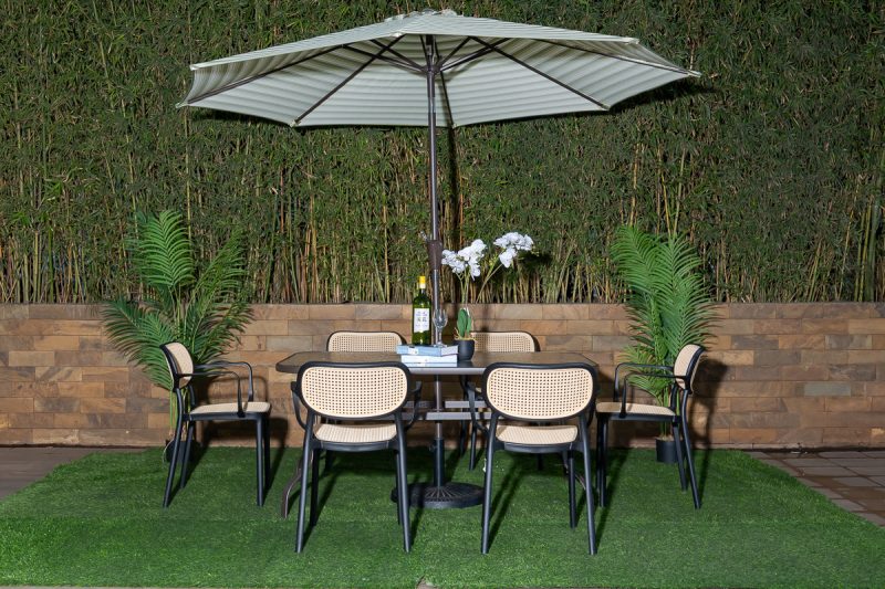 naivasha outdoor dining table + 6 crossby chairs + umbrella