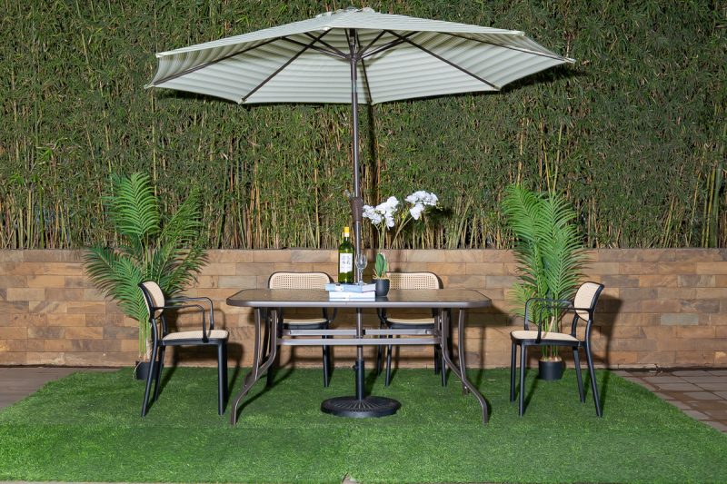 naivasha outdoor dining table + 6 crossby chairs + umbrella