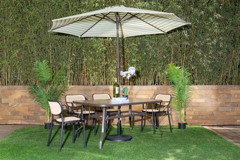 naivasha outdoor dining table + 6 crossby chairs + umbrella