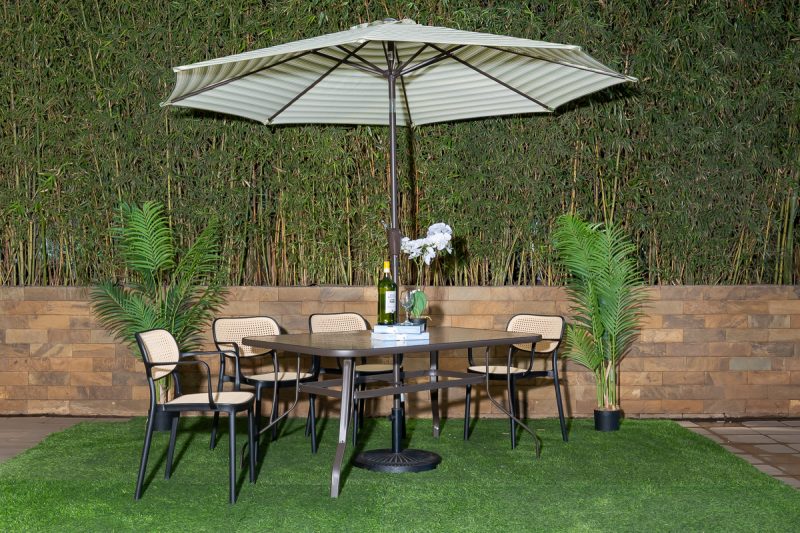naivasha outdoor dining table + 6 crossby chairs + umbrella