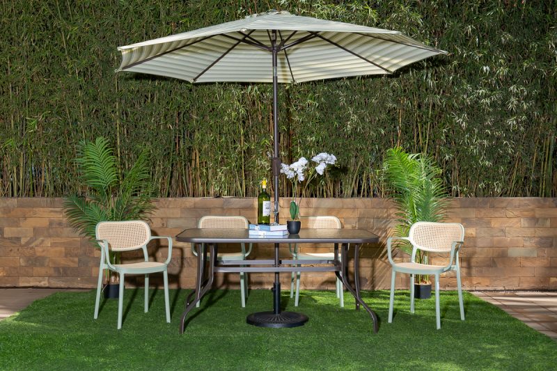 naivasha outdoor dining table + 6 crossby chairs + umbrella