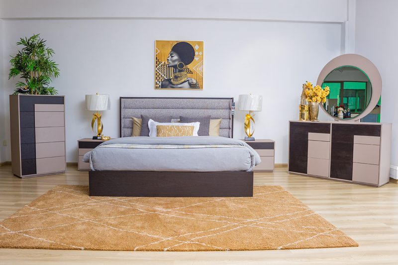 sarina king package - king bed + 2 nightstands + dresser mirror + chest of drawers