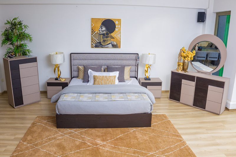 sarina king package - king bed + 2 nightstands + dresser mirror + chest of drawers