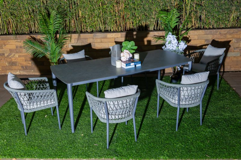zabibu outdoor dining table + 6 tyrie chairs